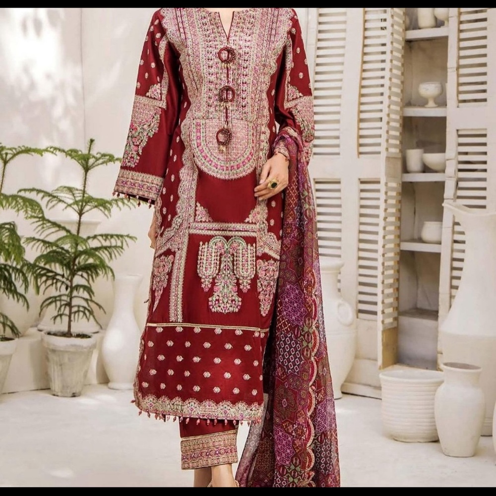 Elegant Maroon and Pink Embroidered Outfit